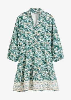 bonprix Bekleidung·Pullover & Strickjacken|Kleider^Kleid im Leinen-Look wollweiß/pfeffergrün bedruckt