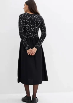 bonprix Bekleidung·Pullover & Strickjacken|Kleider^Kleid im Materialmix aus reiner Baumwolle schwarz/wollweiß