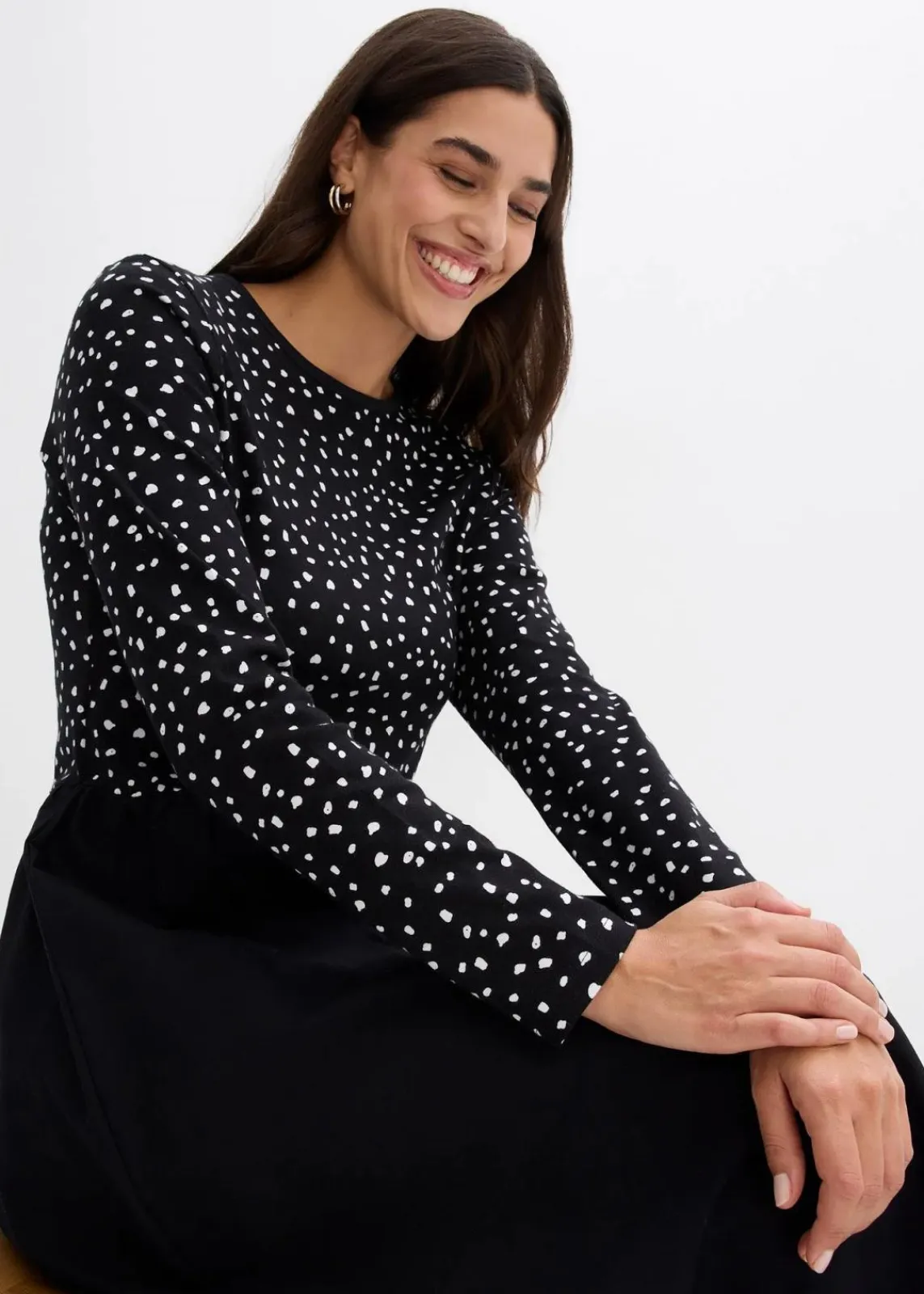 bonprix Bekleidung·Pullover & Strickjacken|Kleider^Kleid im Materialmix aus reiner Baumwolle schwarz/wollweiß
