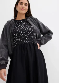 bonprix Bekleidung·Pullover & Strickjacken|Kleider^Kleid im Materialmix aus reiner Baumwolle schwarz/wollweiß