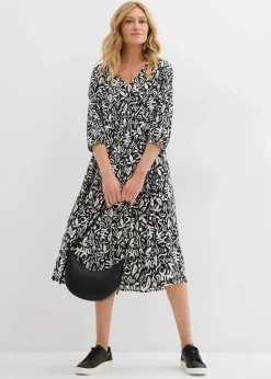 bonprix Kleider^Kleid in Midilänge aus fließender Viskose schwarz/wollweiß bedruckt
