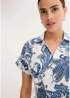 bonprix Bekleidung·Pullover & Strickjacken^Kleid mit Bindeband natur/dunkelblau bedruckt