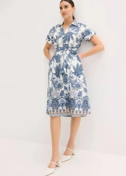 bonprix Bekleidung·Pullover & Strickjacken^Kleid mit Bindeband natur/dunkelblau bedruckt
