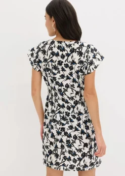 bonprix Kleider^Kleid mit Flügelärmeln aus strukturiertem Material wollweiß/schwarz bedruckt