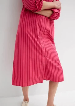 bonprix Kleider|Bekleidung·Pullover & Strickjacken^Kleid mit Hemdkragen aus reiner Baumwolle tomatenrot/granatapfel/dunkelpink gestreift