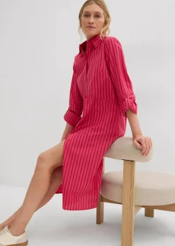 bonprix Kleider|Bekleidung·Pullover & Strickjacken^Kleid mit Hemdkragen aus reiner Baumwolle tomatenrot/granatapfel/dunkelpink gestreift