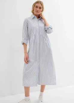 bonprix Bekleidung·Pullover & Strickjacken|Kleider^Kleid mit Hemdkragen aus reiner Baumwolle perlblau/dunkelblau/weiß gestreift