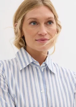 bonprix Bekleidung·Pullover & Strickjacken|Kleider^Kleid mit Hemdkragen aus reiner Baumwolle perlblau/dunkelblau/weiß gestreift