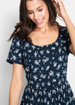 bonprix Bekleidung·Pullover & Strickjacken|Kleider^Kleid mit kurzen Ärmeln dunkelblau geblümt