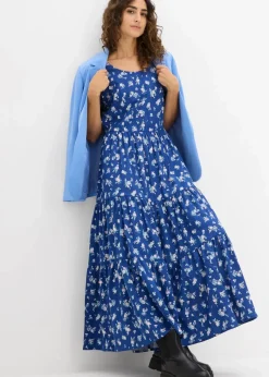 bonprix Kleider|Bekleidung·Pullover & Strickjacken^Kleid mit kurzen Ärmeln enzianblau/topazblau/hellblau geblümt