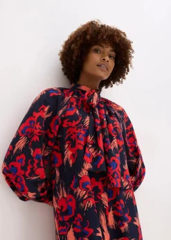bonprix Bekleidung·Pullover & Strickjacken|Kleider^Kleid mit Schluppenkragen dunkelblau/rot floral