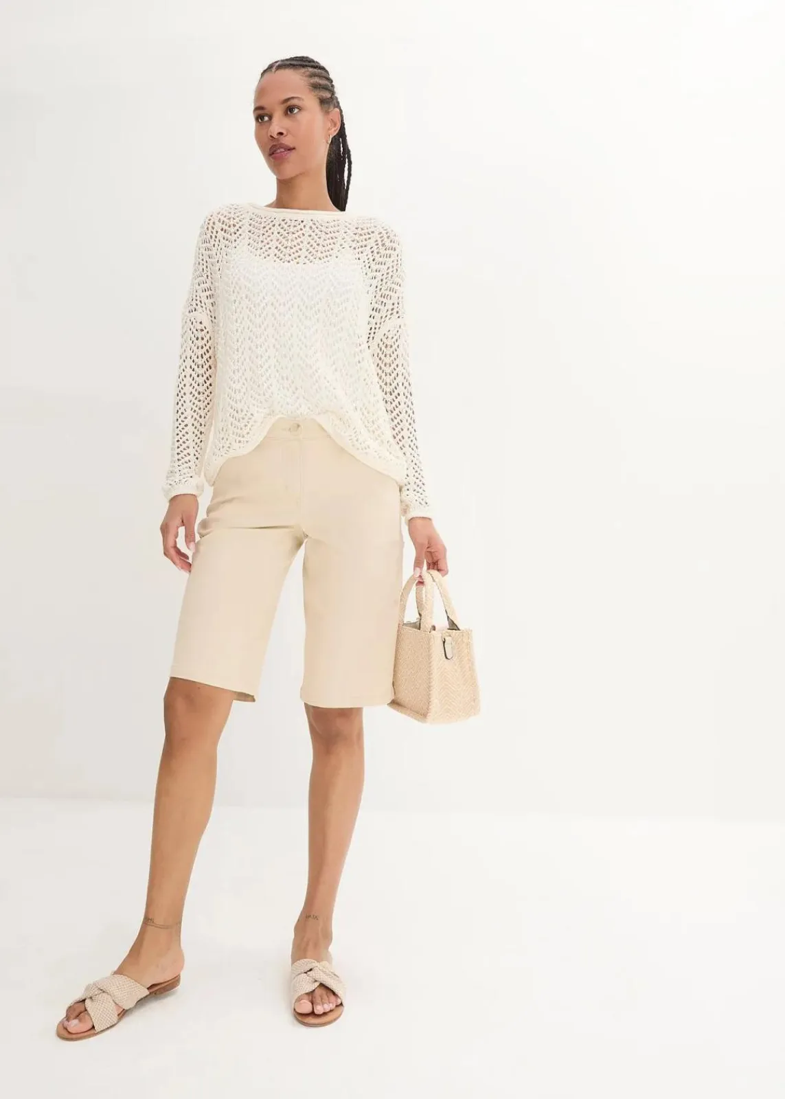 bonprix Hosen|Shorts^Knielange Baumwoll-Bermuda mit Utility-Details kieselbeige