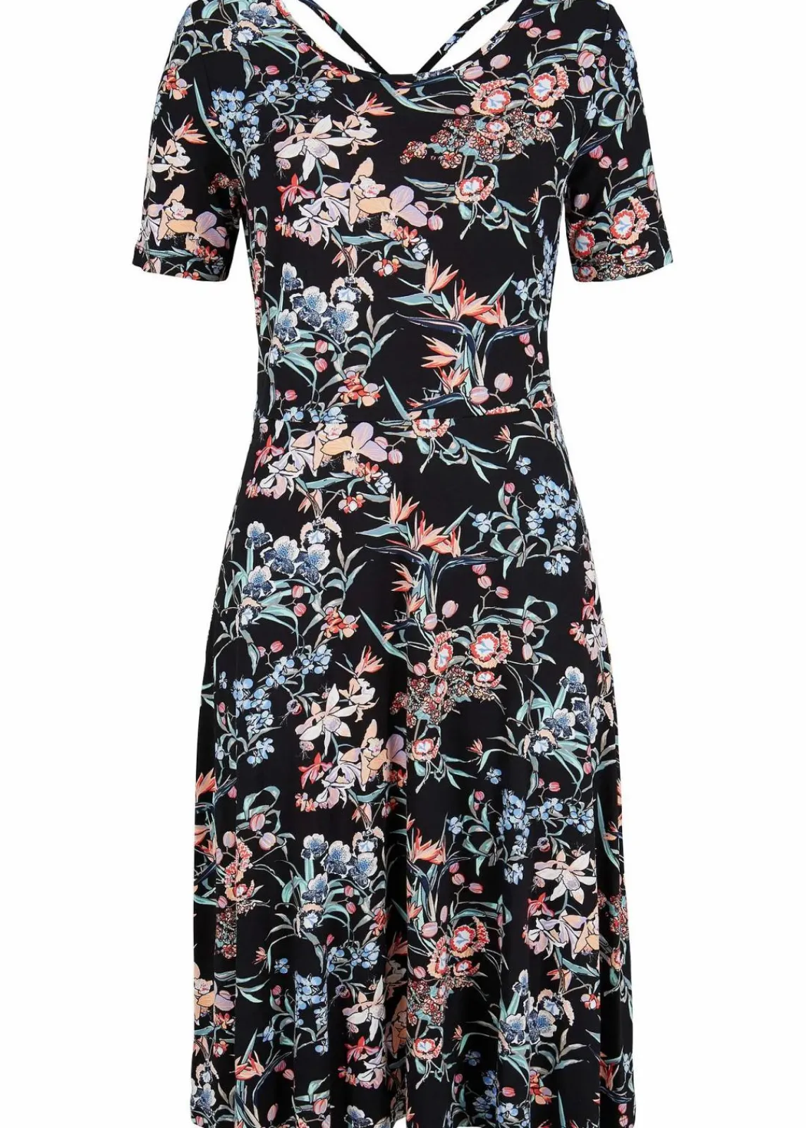 bonprix Nachhaltigere Materialien|Kleider^Knieumspielendes Jerseykleid in A-Linie schwarz floral bedruckt
