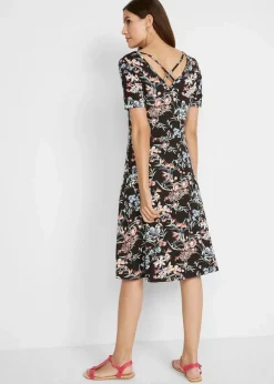 bonprix Nachhaltigere Materialien|Kleider^Knieumspielendes Jerseykleid in A-Linie schwarz floral bedruckt