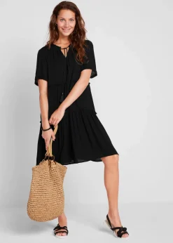 bonprix Bekleidung·Pullover & Strickjacken|Kleider^Knieumspielendes Viskose-Crinkle-Kleid mit Ausschnittdetail schwarz