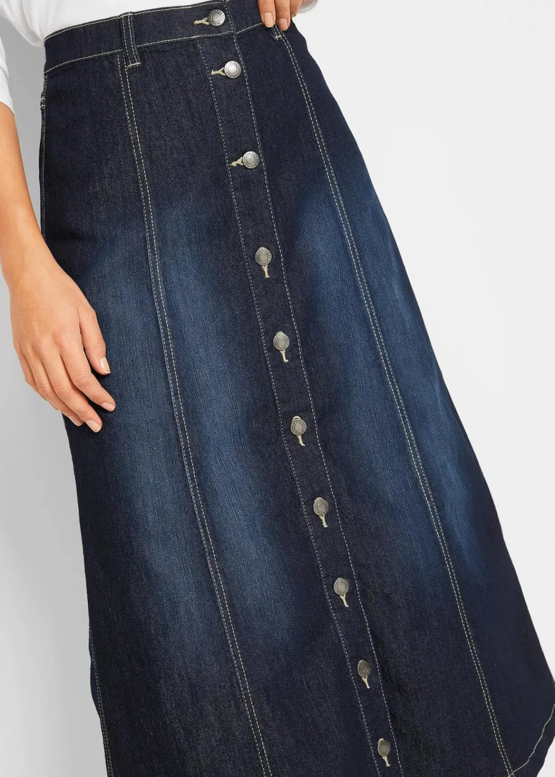 bonprix Röcke|Bekleidung·Sportbekleidung^Komfort-Stretch-Jeansrock, Midi-Länge dunkelblau used