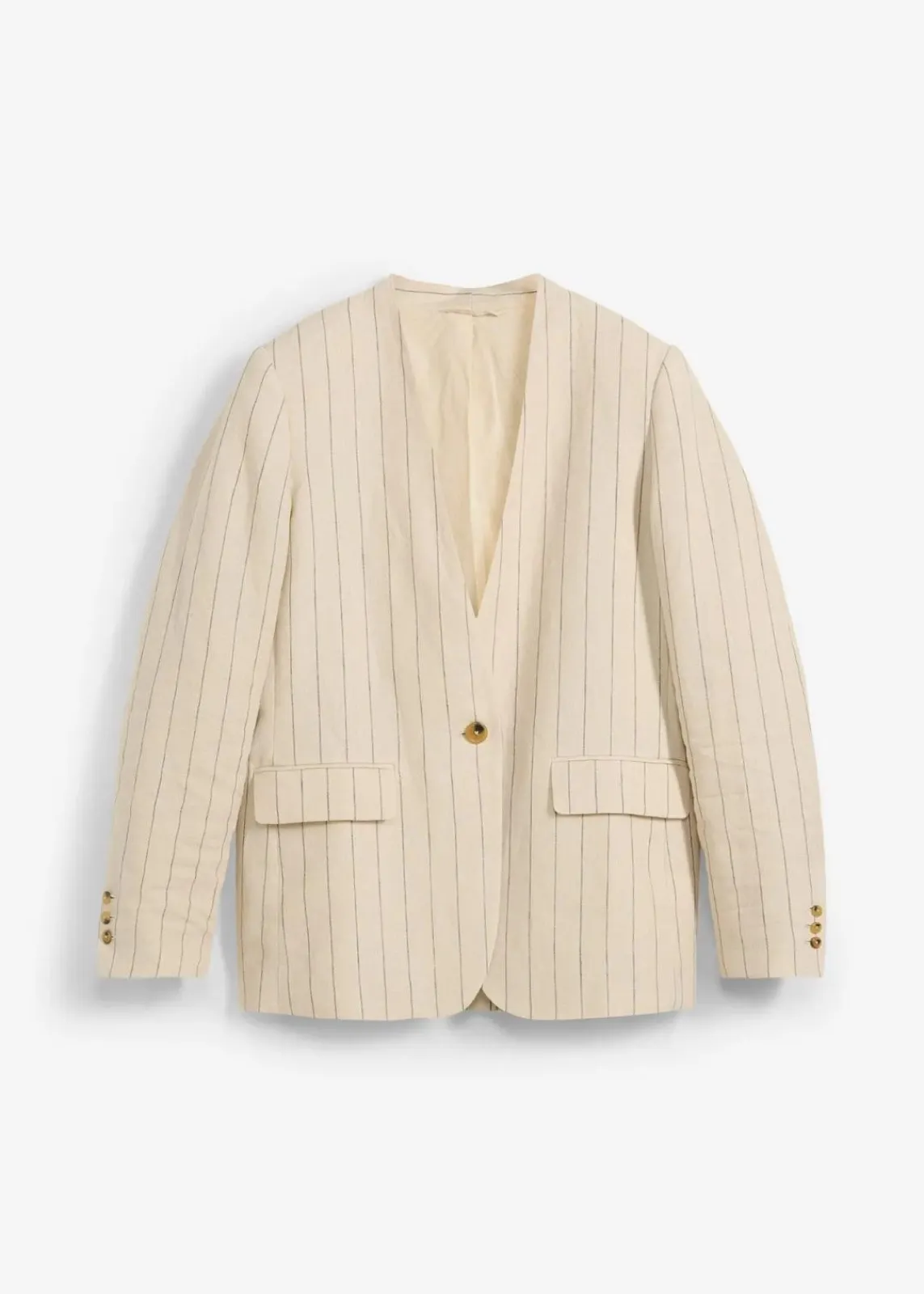 bonprix Bekleidung·Basics|Premium^Kragenlose Blazerjacke aus reinem Leinen hellsand gestreift