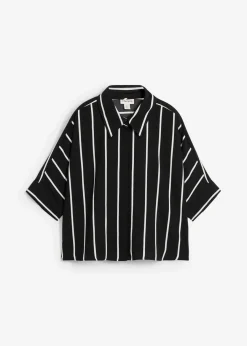 bonprix Bekleidung·Jacken & Mäntel|Blusen & Tuniken^Kurzarmbluse aus strukturiertem Crêpe schwarz/wollweiß gestreift
