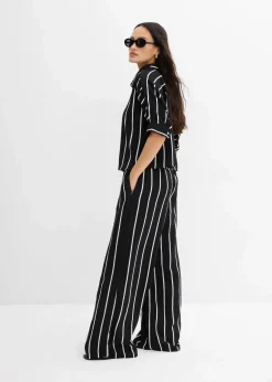 bonprix Bekleidung·Jacken & Mäntel|Blusen & Tuniken^Kurzarmbluse aus strukturiertem Crêpe schwarz/wollweiß gestreift