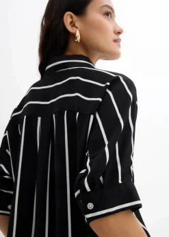 bonprix Bekleidung·Jacken & Mäntel|Blusen & Tuniken^Kurzarmbluse aus strukturiertem Crêpe schwarz/wollweiß gestreift