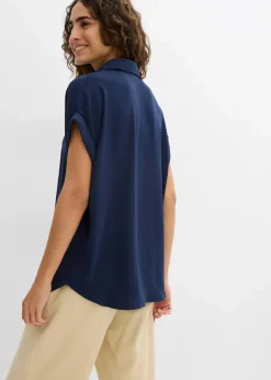 bonprix Nachhaltigere Materialien|Blusen & Tuniken^Kurzarmbluse mit recyceltem Polyester dunkelblau