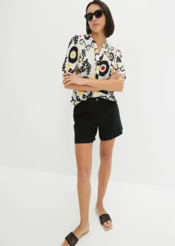 bonprix Bekleidung·Jacken & Mäntel|Blusen & Tuniken^Kurzarmbluse mit Smockdetail aus strukturierter Viskose wollweiß bedruckt