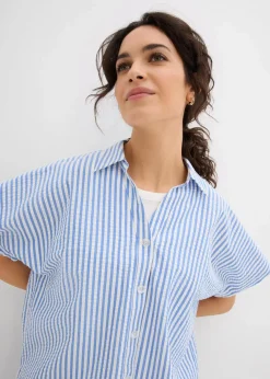 bonprix Bekleidung·Jacken & Mäntel|Blusen & Tuniken^Kurzarmhemd aus Seersucker gletscherblau/wollweiß