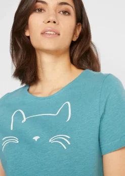 bonprix Shirts & Tops|Nachhaltigere Materialien^Kurzarmshirt mit Katzen-Druck mattkobalttürkis/weiß