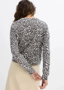 bonprix Strickmode|Pullover & Strickjacken^Kurze Feinstrickjacke beige leo bedruckt