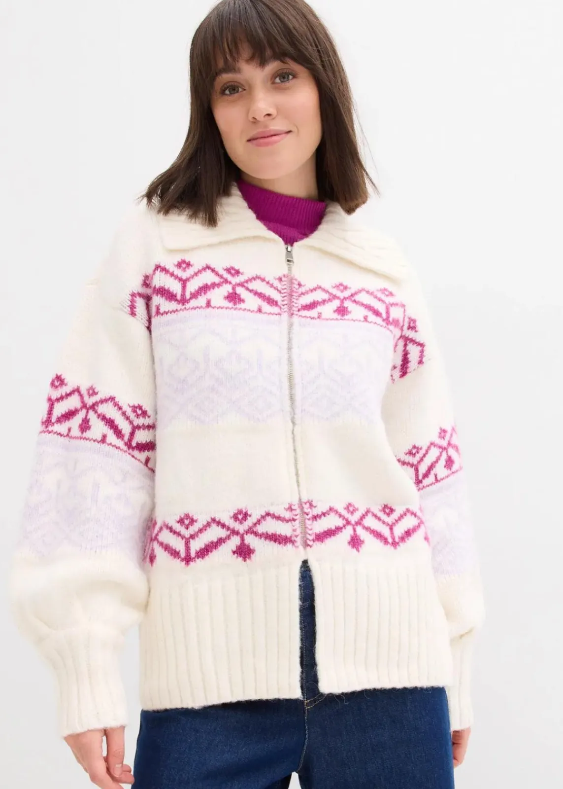 bonprix Bekleidung·Jeans|Pullover & Strickjacken^Kurze Norweger-Strickjacke perlweiß bedruckt
