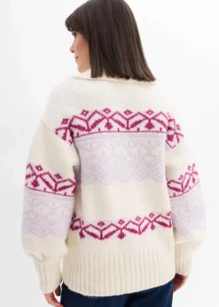 bonprix Bekleidung·Jeans|Pullover & Strickjacken^Kurze Norweger-Strickjacke perlweiß bedruckt