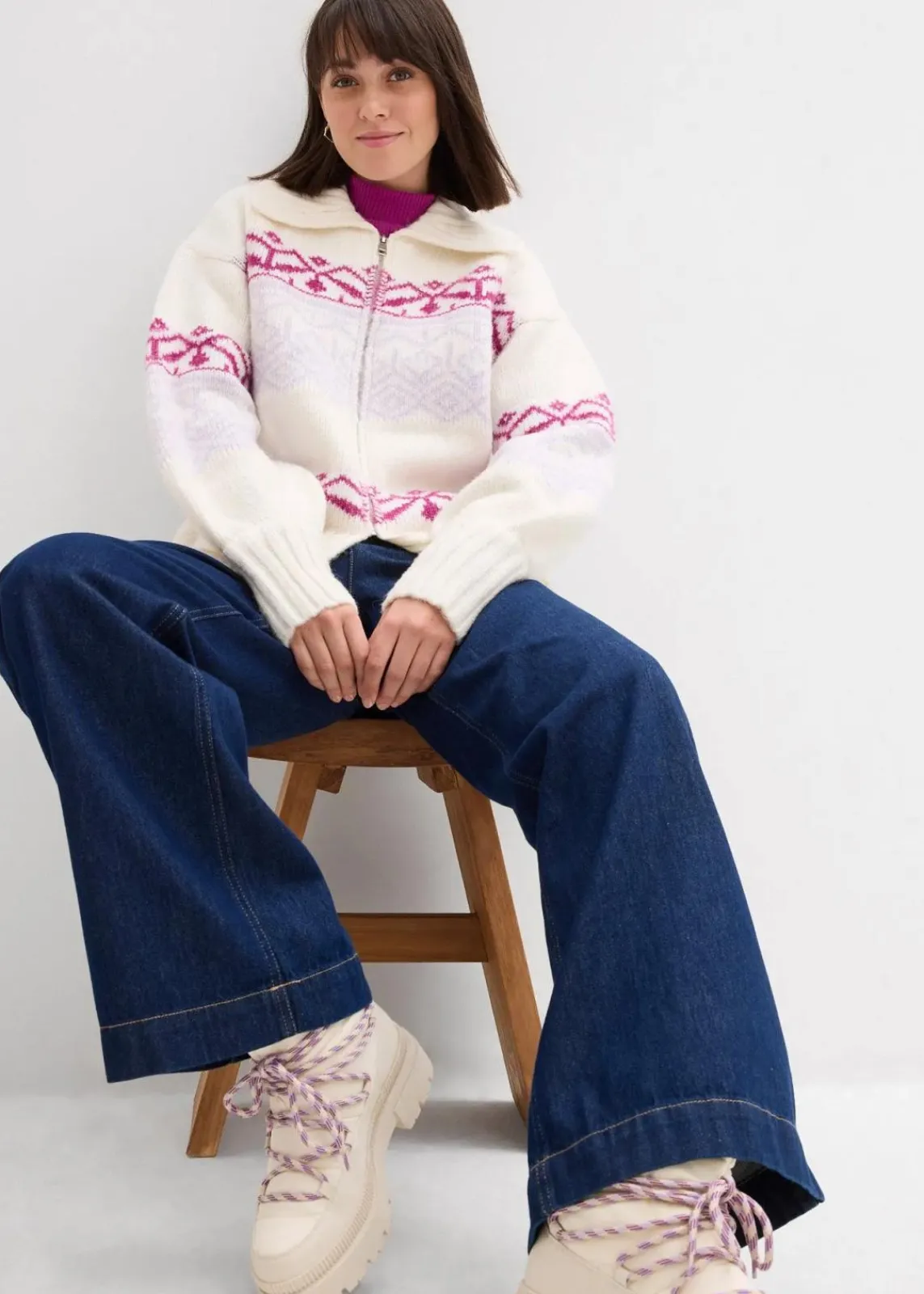 bonprix Bekleidung·Jeans|Pullover & Strickjacken^Kurze Norweger-Strickjacke perlweiß bedruckt