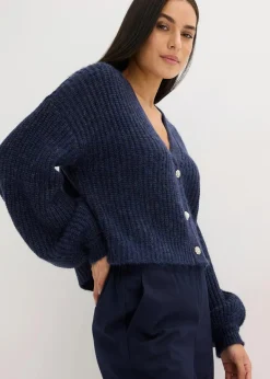 bonprix Bekleidung·Umstandsmode|Bekleidung·Jeans^Kurze Strickjacke mit Glitzergarn und Wollanteil dunkelblau meliert