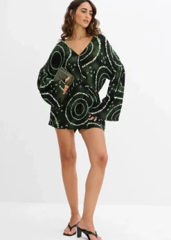 bonprix Bekleidung·Homewear|Jumpsuits^Kurzer Jumpsuit aus fließender Viskose petrol/weiß bedruckt