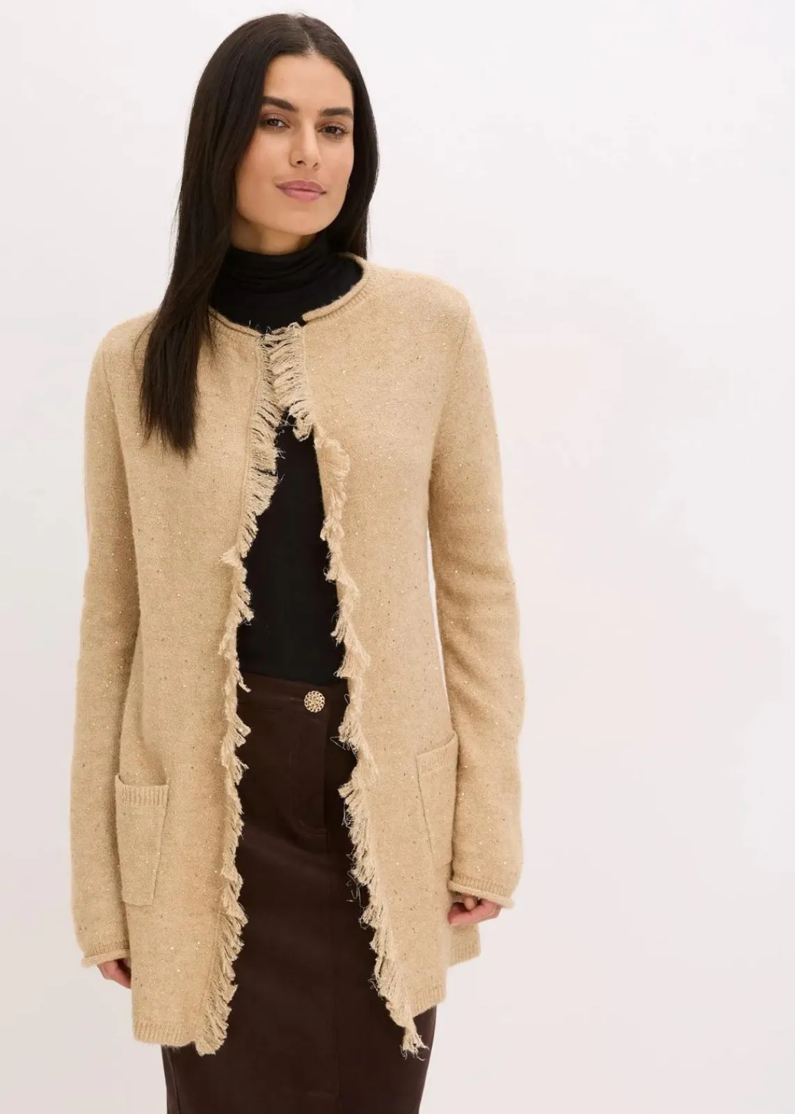 bonprix Bekleidung·Umstandsmode|Bekleidung·Jeans^Kurzer Strickmantel mit Pailetten und Glanzgarn latte macchiato/metallic gold