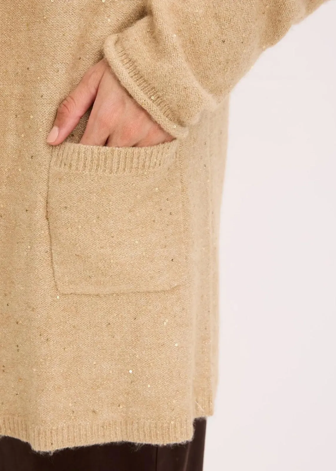 bonprix Bekleidung·Umstandsmode|Bekleidung·Jeans^Kurzer Strickmantel mit Pailetten und Glanzgarn latte macchiato/metallic gold