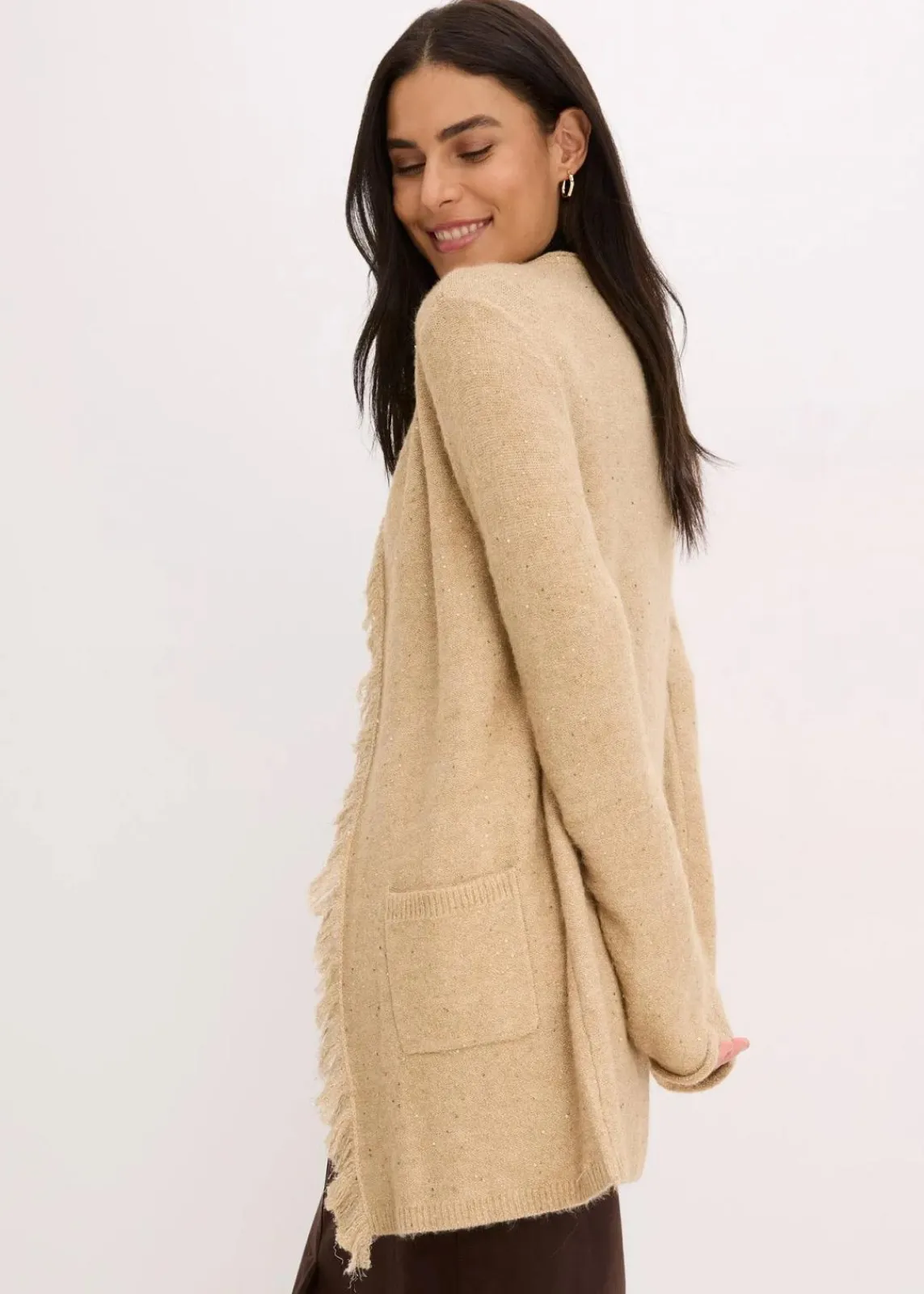 bonprix Bekleidung·Umstandsmode|Bekleidung·Jeans^Kurzer Strickmantel mit Pailetten und Glanzgarn latte macchiato/metallic gold