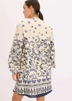 bonprix Bekleidung·Pullover & Strickjacken|Kleider^Kurzes Boho-Kleid im Leinen-Look natur/dunkelblau