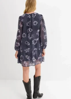 bonprix Bekleidung·Pullover & Strickjacken|Kleider^Kurzes Chiffonkleid dunkelgrau geblümt