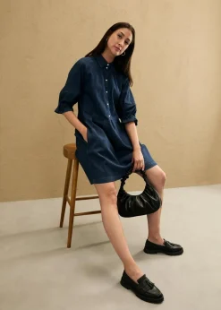 bonprix Kleider|Bekleidung·Pullover & Strickjacken^Kurzes Jeanskleid in A-Linie mit 3/4-Puffärmeln dunkelblau denim