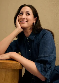 bonprix Kleider|Bekleidung·Pullover & Strickjacken^Kurzes Jeanskleid in A-Linie mit 3/4-Puffärmeln dunkelblau denim