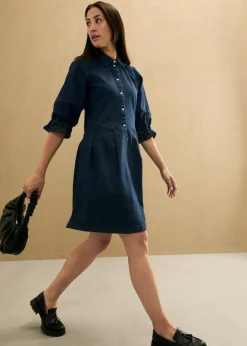 bonprix Kleider|Bekleidung·Pullover & Strickjacken^Kurzes Jeanskleid in A-Linie mit 3/4-Puffärmeln dunkelblau denim