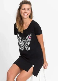 bonprix Wäsche·Nachtwäsche|Nachhaltigere Materialien^Kurzes Nachthemd aus Bio-Baumwolle schwarz bedruckt