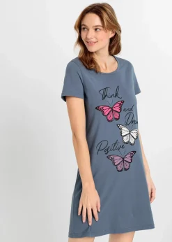 bonprix Wäsche·Nachtwäsche|Nachhaltigere Materialien^Kurzes Nachthemd aus reiner Bio-Baumwolle rauchblau bedruckt