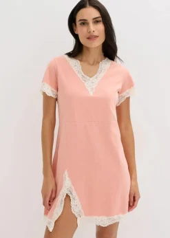 bonprix Nachhaltigere Materialien|Nachtwäsche^Kurzes Nachthemd mit zarter Spitze hellkoralle
