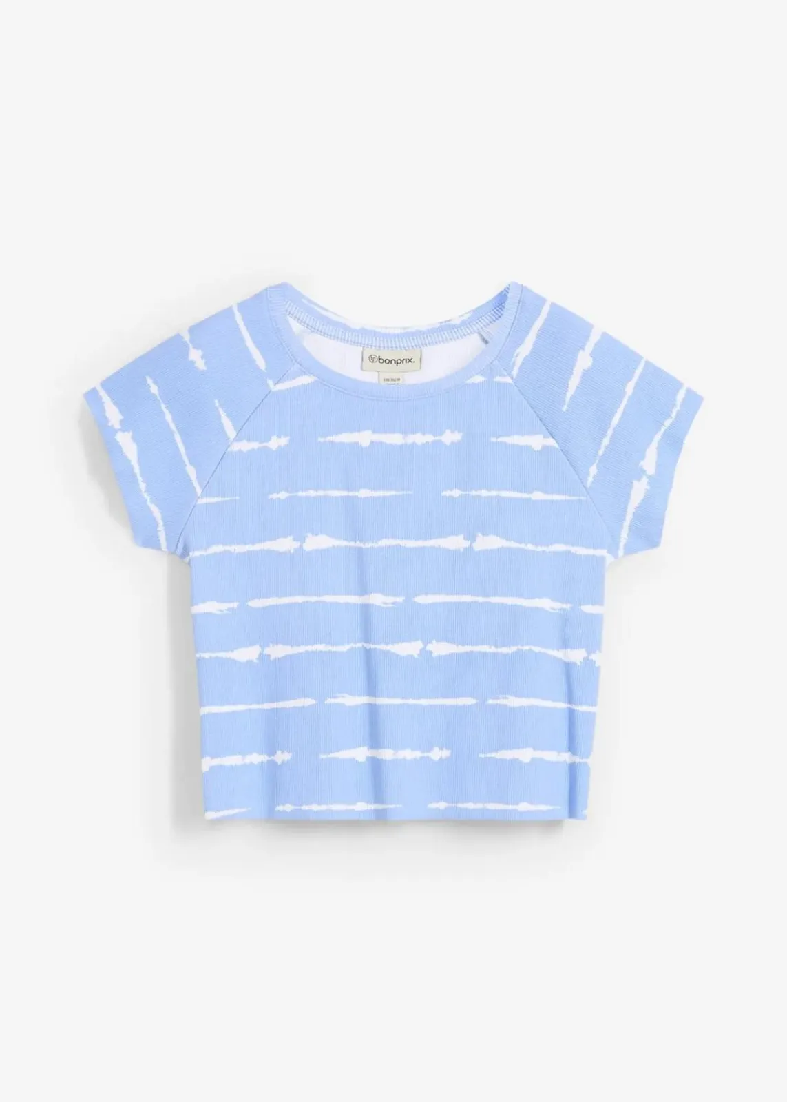 bonprix Nachhaltigere Materialien|Shirts & Tops^Kurzes Rippshirt perlblau/weiß batik bedruckt