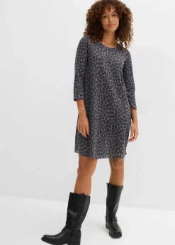 bonprix Kleider^Kurzes Shirtkleid in Strickoptik anthrazit/schwarz/rauchgrau leo bedruckt