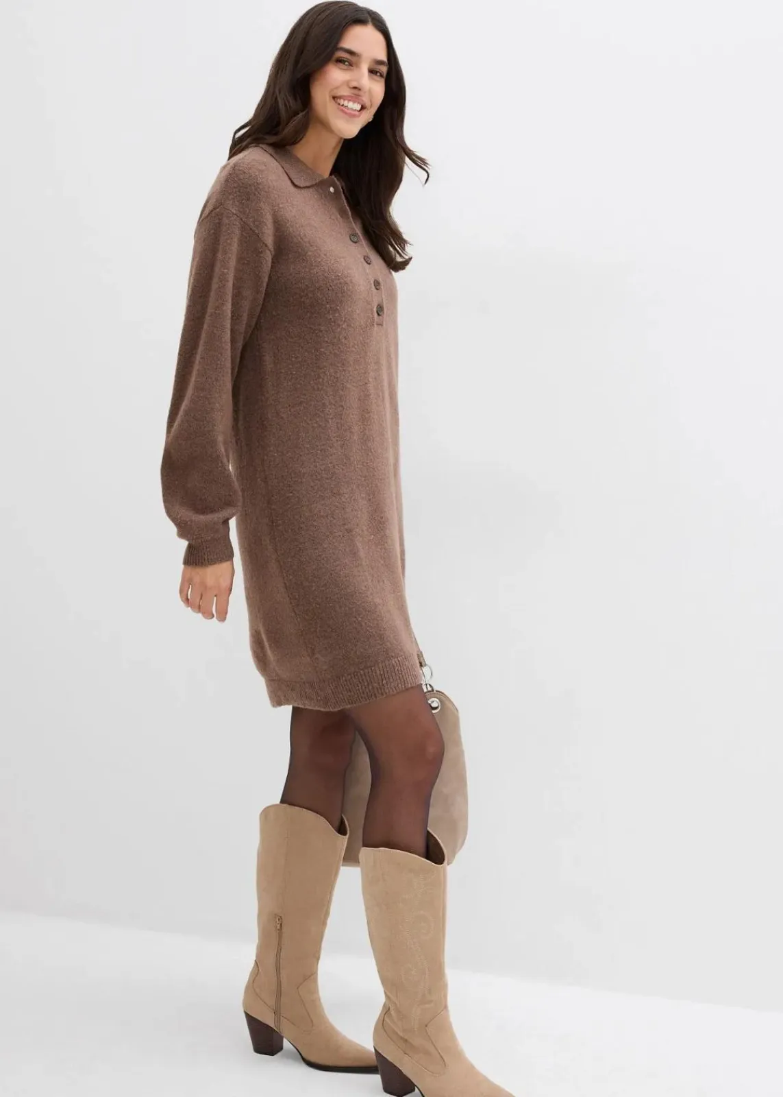 bonprix Strickmode|Kleider^Kurzes Strickkleid mit Knopfleiste lehmbraun