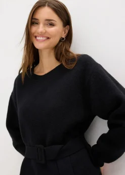 bonprix Kleider|Strickmode^Kurzes Strickkleid mit softem Wollanteil und Gürtel schwarz