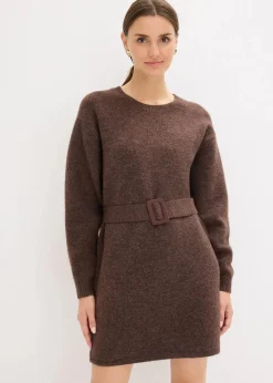 bonprix Strickmode|Kleider^Kurzes Strickkleid mit softem Wollanteil und Gürtel braun